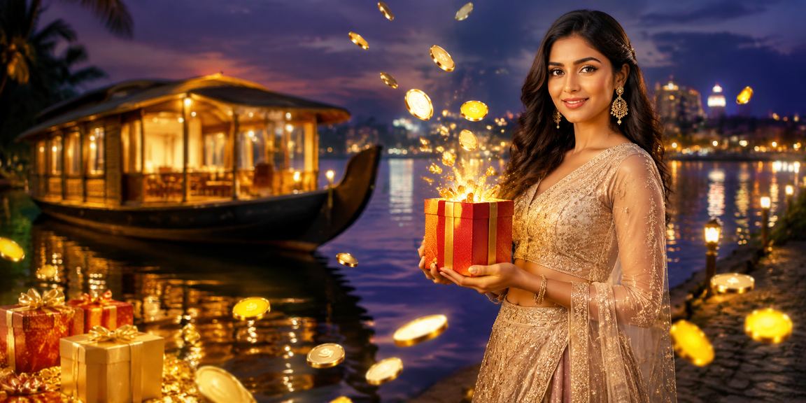 Elegant VIP player enjoying games in Kerala's backwaters setting